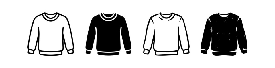 Set of four sweatshirt icons in various styles: outline, solid, and hand-drawn doodle. Minimalist black and white vector illustrations of crew neck jumpers for apparel design and fashion branding. © Nort Kor