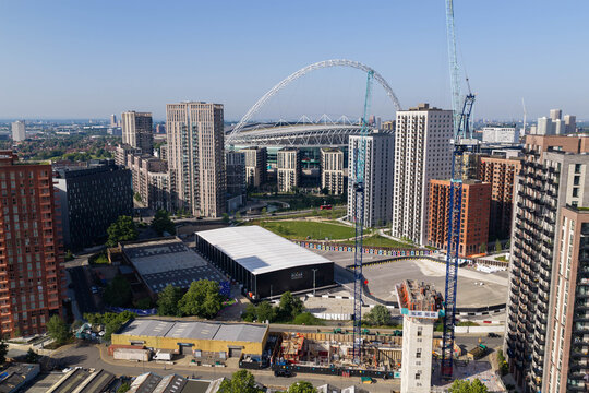 Aerial image  of Wembley Stadium Arch, Mundo Pixar Exhibition Venue, and Wembley Park Apartments