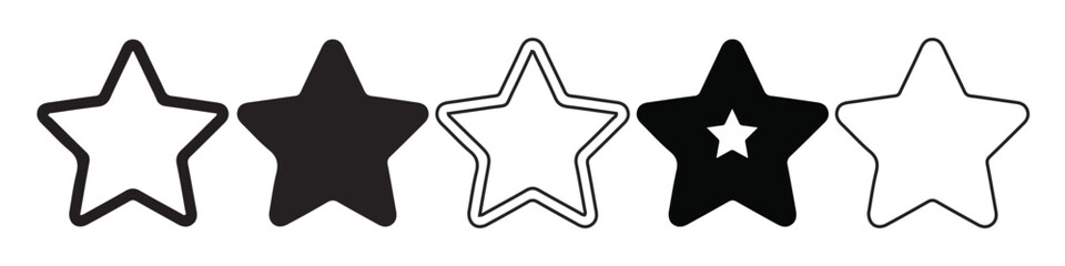 Collection of Five Different Star Graphic Designs for  Displaying Varied Outline Weights, Solid Fills, Double Borders, and Negative Space Cutouts © Shujit Kumar Das