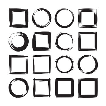Grunge frames vector set on transparency grid background. square and round shapes. brush strokes.