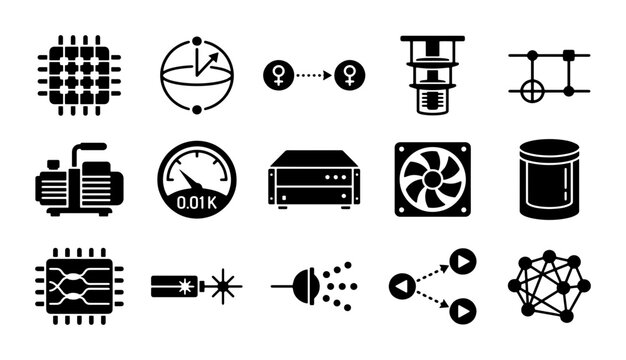 Quantum computing icons set, 15 black solid vector symbols of supercomputer hardware, qubit technology and physics research elements