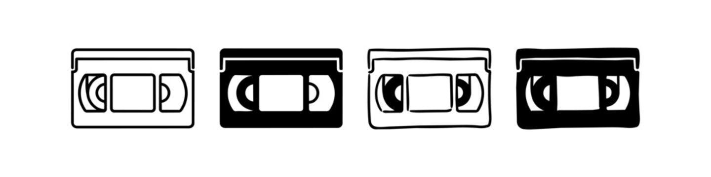 Four hand-drawn VHS cassette icons in line and solid styles. Retro analog video graphics for 80s and 90s nostalgia themes.