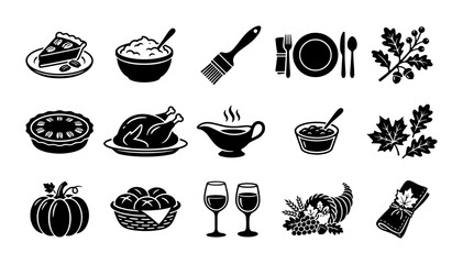 Thanksgiving dinner icon set, black silhouette holiday food elements, 15 autumn celebration vector graphics for menu design and festive invitations © Asset Aura