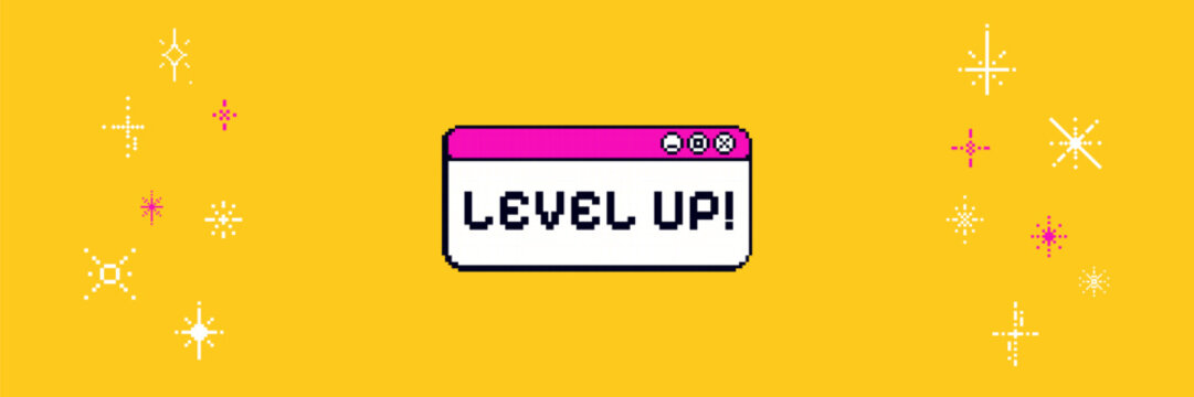 Yellow and pink pixel game background with text "level up" and 8bit sparkle, sticker. Game banner in 90s art vibe.