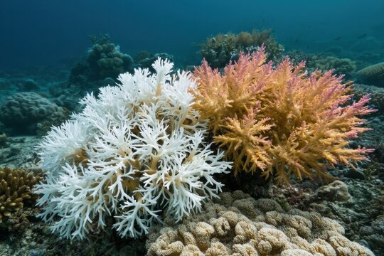 White Bleached Coral Next to Colorful Pink Orange Coral on Tropical Reef Underwater