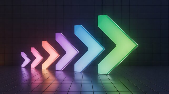 Colorful neon arrows pointing forward in sequence on dark tiled floor background design.