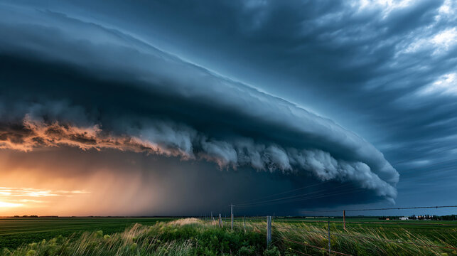 A beautifully structured shelf cloud racing across open plains on a summer afternoon sculpted layered storm front and dramatic light atmospheric severe weather with copy space