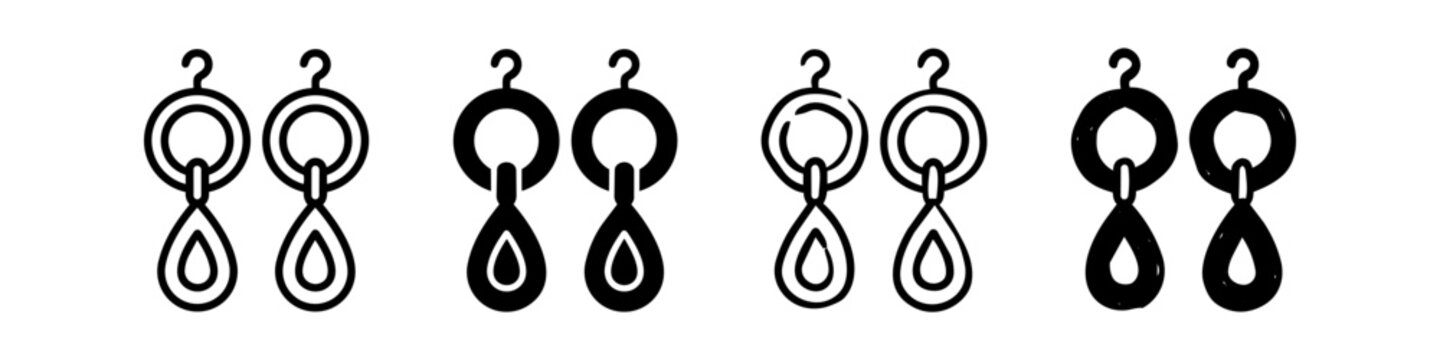 Set of earring icons in different styles: thin line, bold glyph, and hand-drawn versions. Minimal jewelry vector illustration for fashion and e-commerce design.