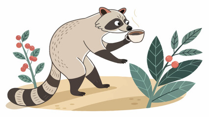 Naklejka premium Cartoon raccoon drinking fresh hot coffee in forest with drinking character wildlife caffeine beverage illustration woodland friendly coffeebeans relaxing creature enjoyment lifestyle