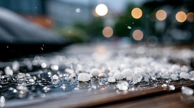 Macro close up of tiny soft hail grains scattered on a glistening wet balcony floor during a summer thunderstorm sharp shallow focus detail graupel weather with copy space