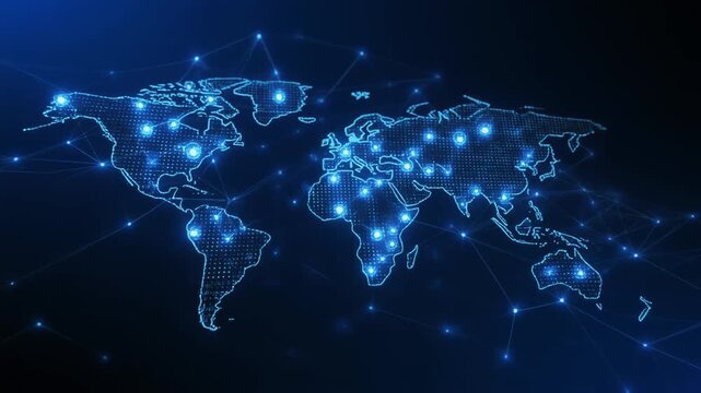 Digital world map with glowing blue lines and nodes, symbolizing global connectivity, communication, data exchange, and technological networks.