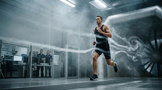 Male athlete running in a high-tech wind tunnel for aerodynamic testing and performance analysis, with scientific engineers observing the airflow