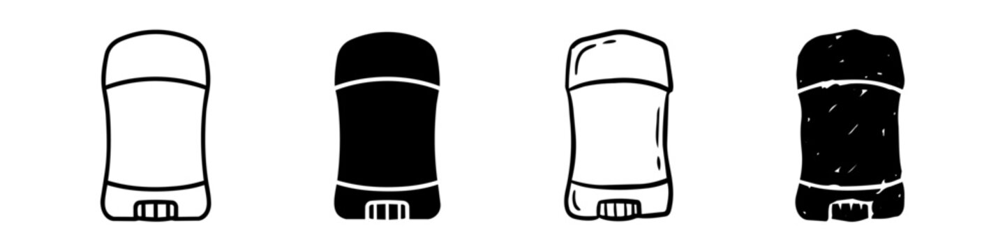 Set of deodorant stick icons in four distinct styles: outline, solid, hand-drawn, and distressed. Ideal for beauty, hygiene, and personal care graphic design projects.