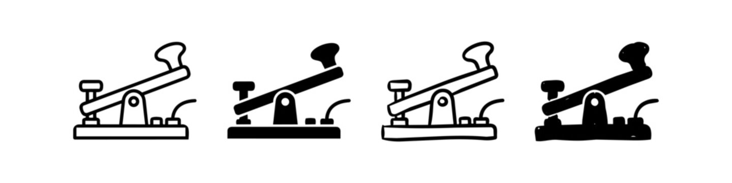 Vector set of Morse code telegraph key icons in outline and silhouette styles. Vintage communication equipment illustration for radio, telegraphy, and retro technology themes.