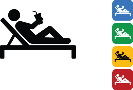 Person relaxing on sunbed with drink silhouette icon and colorful square button variations for vacation concepts