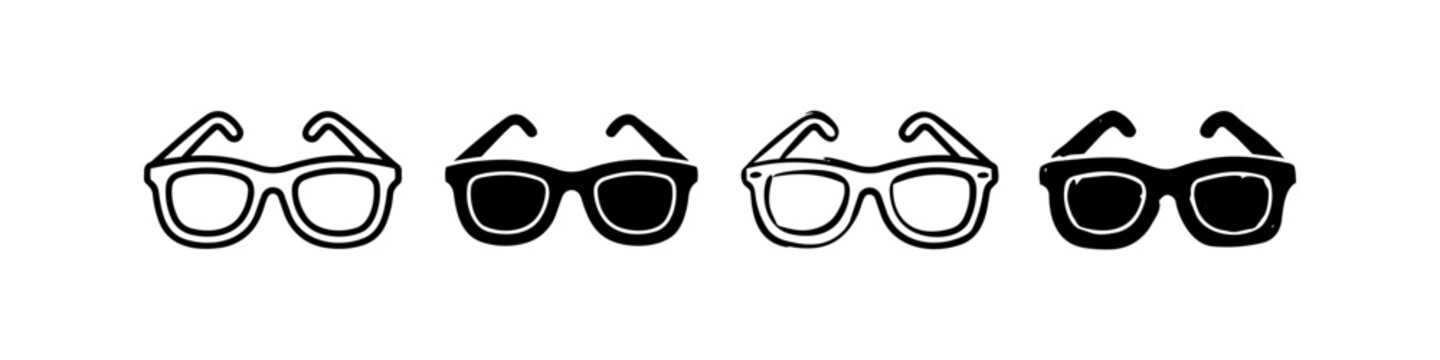Hand-drawn eyeglass and sunglass icons. Set of four black and white vector sketches for minimalist design and fashion graphics.