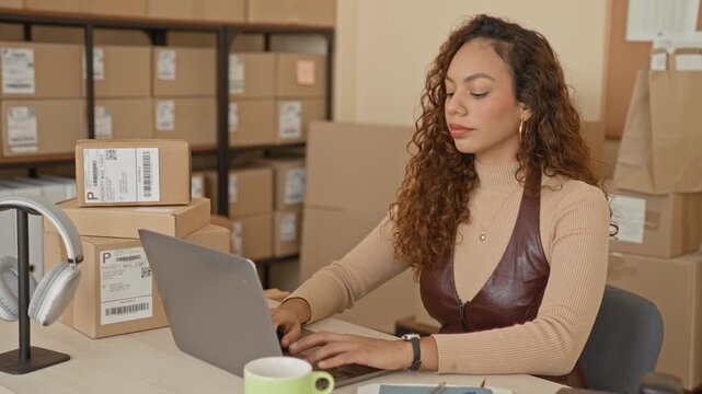 Woman typing with hands on laptop beside stacked parcels and shipping labels in a building; small business determination.