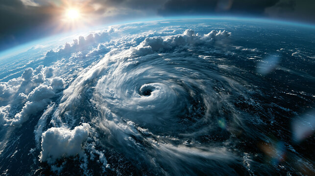 A vast swirling super typhoon over the ocean seen from above with dense spiral clouds and a clear eye dramatic atmospheric weather background cyclone hurricane superstorm