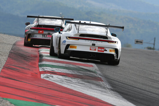 Scarperia, Italy - September 14th 2025: Porsche 911 GT3 Cup (992) of team SP RACING drive by Vittoria Piria in action during Italian Championship GT Endurance race event at Mugello Circuit.