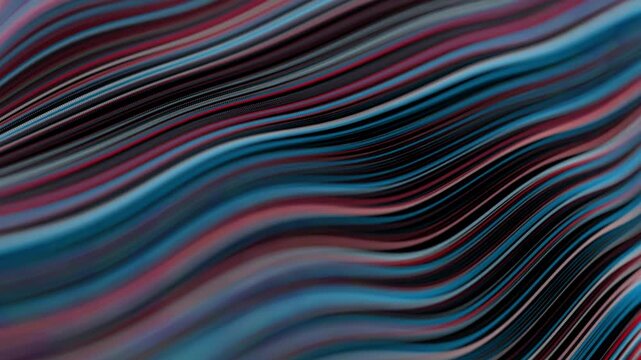 Abstract dark wavy lines background with colorful fluid motion. Futuristic 3D rendered liquid texture backdrop with elegant blue, purple, and red dynamic stripes vector illustration.
