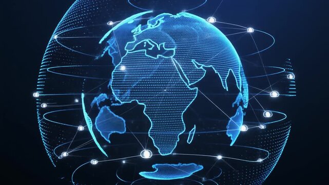 Digital Earth glowing blue with Africa centered, surrounded by interconnected lines and nodes symbolizing global networks, communication, and connectivity.