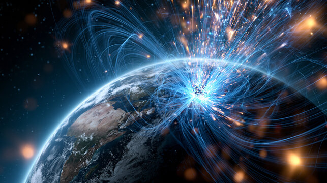 Earth's glowing blue magnetic field deflecting streaming blasts of solar particles luminous cosmic concept with fine plasma detail space weather magnetosphere with copy space