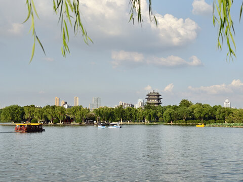 Daming Lake with Pagoda, Boats and City Skyline in Jinan China