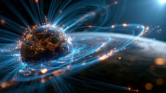 Earth's glowing blue magnetic field deflecting streaming blasts of solar particles luminous cosmic concept with fine plasma detail space weather magnetosphere with copy space