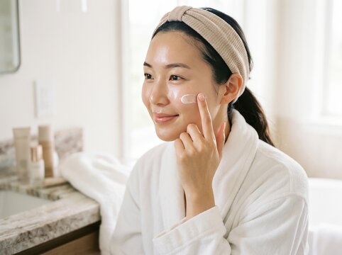 Young asian woman applying face cream on her cheek in a bright modern bathroom while wearing a white bathrobe and a soft headband