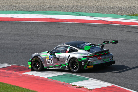 Scarperia, Italy - September 14th 2025: Porsche 911 GT3 Cup (992) of team RACEVENT in action during Italian Championship GT Endurance race event at Mugello Circuit.