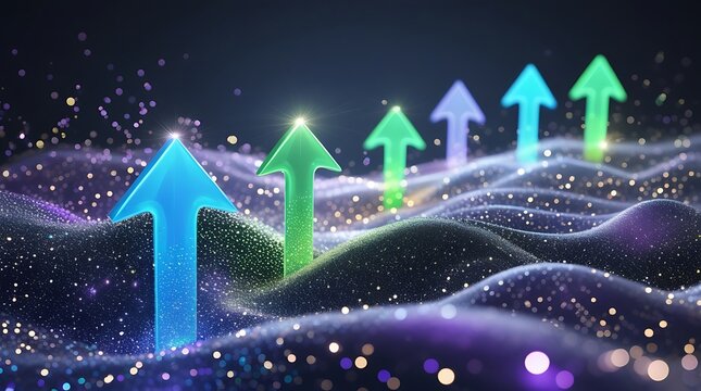 Colorful luminous arrows ascend from sparkling purple and blue wavy abstract terrain, symbolizing progress.