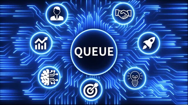 queue icon surrounded by smaller icons for ai manufacturing strategy. A glowing neon, and manufacturing process management all connected in a digital circuit like pattern, 4k video 