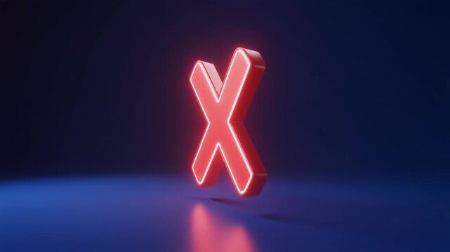 Three‑dimensional glowing red neon &ldquo;X&rdquo; on dark blue background, futuristic symbol emphasizing contrast, digital style, and striking visual identity.