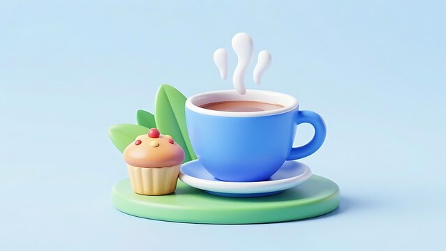 Hot coffee cup with cupcake breakfast concept 3D render illustration pastel colors for food blog or cafe menu design