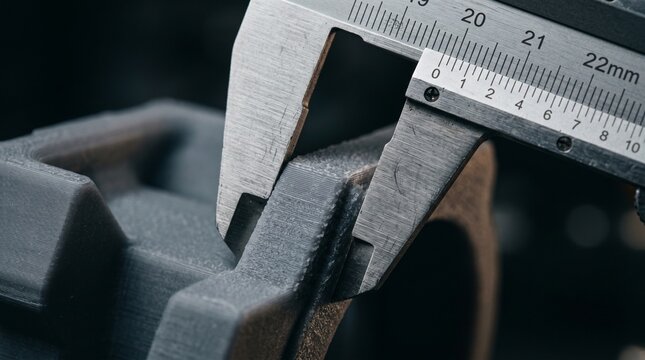 Close up of a metal vernier caliper measuring a gray 3d printed plastic component, precision engineering, quality control, manufacturing process.