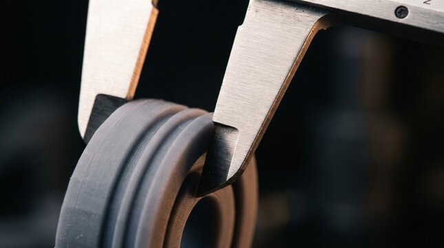 Metal vernier caliper measuring the outer diameter of a gray circular printed component, precision measurement, quality inspection, industrial engineering.