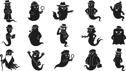 Obraz premium Halloween ghost characters in various hats and poses for spooky decor