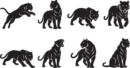 Obraz premium Black tiger icons, animal silhouettes, wildlife graphics, vector illustrations isolated on Transparent Background
