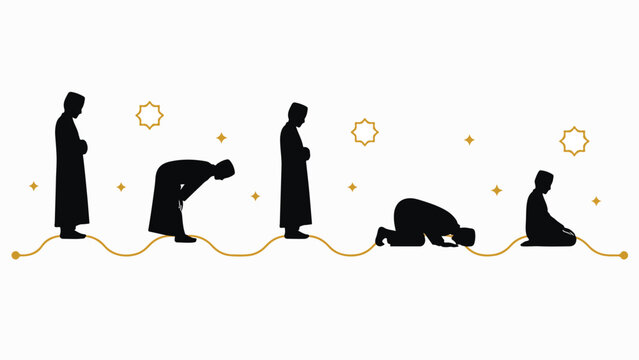 Muslim Man Performing Salah Prayer Sequence Silhouette Vector Illustration