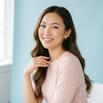 A beautiful young asian woman with long dark wavy hair smiling and looking at the camera in a bright and cozy indoor home setting