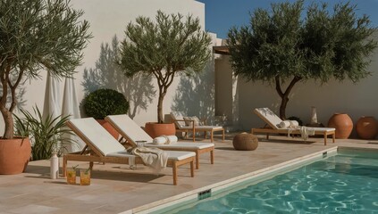 Fototapeta premium Lounge Chairs Beside a Pool Surrounded by Greenery and Clay Pots in a Sunny Outdoor Space