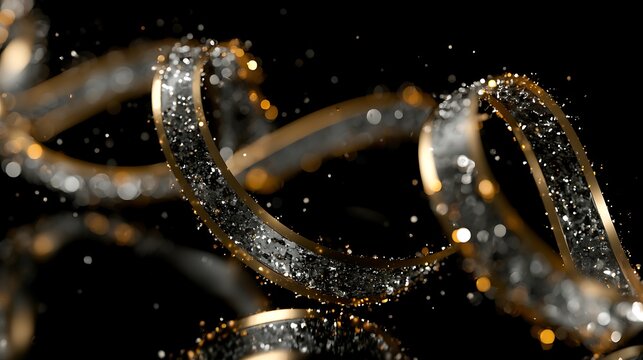 Elegant twisting golden ribbon filled with shimmering silver glitter and bokeh lights against dark background.