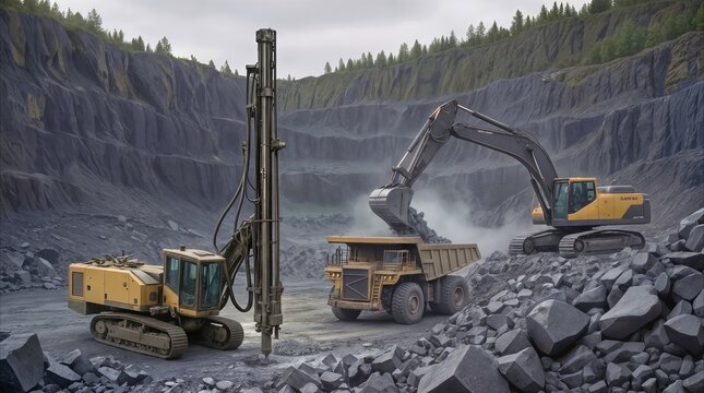 Excavator loading crushed stone into haul truck at open pit quarry. Heavy machinery operating near rotary drill rig in industrial mining site.