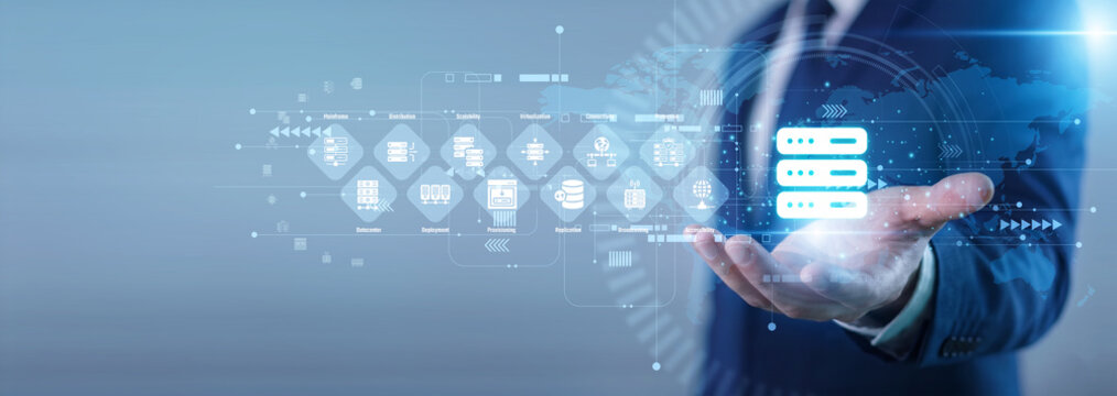 Provider hand hold micro server Hosting concept cloud data center storage, website web network server infrastructure, cyber security file backup system and domain platform. Online database.