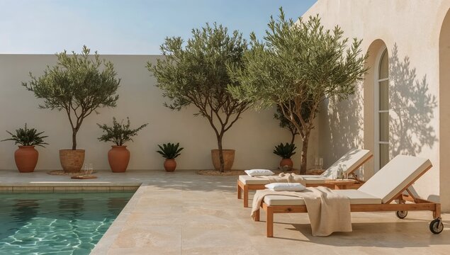 Sun Loungers by the Pool in a Sunny Courtyard With Olive Trees and Potted Plants