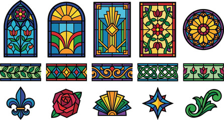 Stained glass window patterns and decorative floral elements for architectural interior design © KhadizaAkter