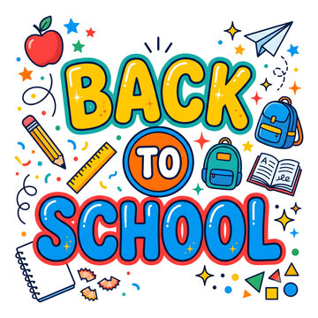 Colorful Back to School Typography Design with Backpack Pencil Notebook Apple Ruler Paper Airplane and School Supplies Isolated on Transparent Background