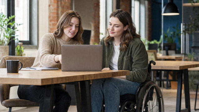 Two female colleagues including woman in wheelchair working with laptop in modern office. Concept of inclusivity and corporate business.