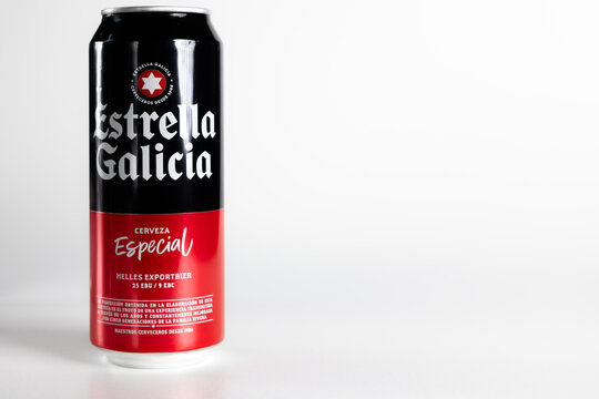 Estrella Galicia Especial beer aluminum can isolated on light background
