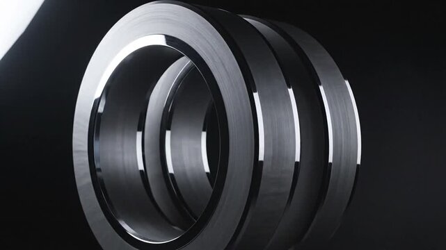 Three precisely machined metallic rings stacked together on a dark background with sharp reflections and highlights emphasizing their smooth, polished surfaces and industrial